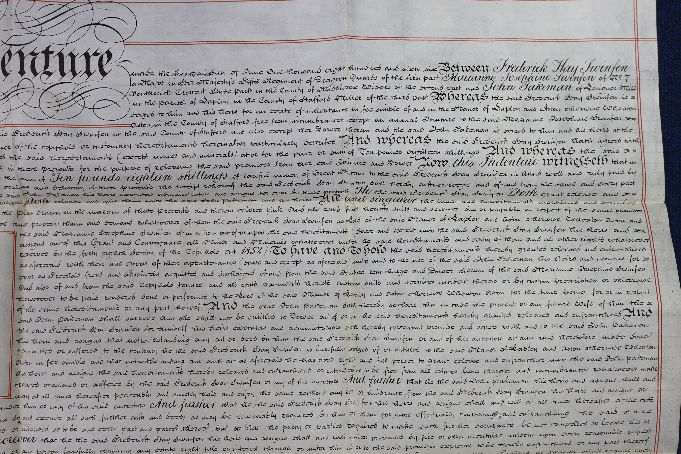 Three 19th legal documents on vellum:-The last will and testament of Thomas Osbourne, 4 leaves, dated 12th November, 1838, 65 x 72cms; Copy of a surrender of a lease, for land in the Manor of Lapley and Aston [Staffordsh